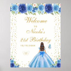 Blue Brunette Hair Girl Birthday Party Welcome Poster