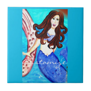 blue brunette mermaid tile