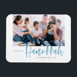 Blue Brush Calligraphy Happiest Hanukkah Photo Magnet<br><div class="desc">Happiest Hanukkah! Send holiday greetings to your loved ones with this hand-lettered Happy Hanukkah magnet. It features blue brush modern calligraphy. Personalise by adding a photo,  names,  date and message. This festive blue calligraphy holiday photo magnet is available in other colours and products.</div>