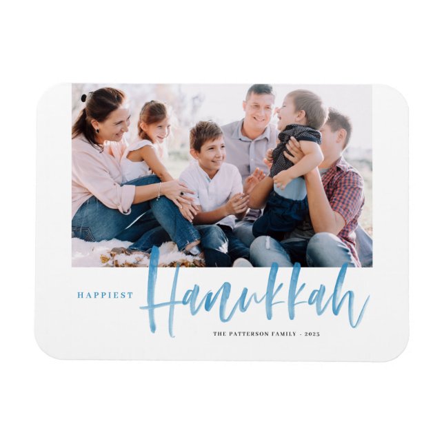 Blue Brush Calligraphy Happiest Hanukkah Photo Magnet (Horizontal)