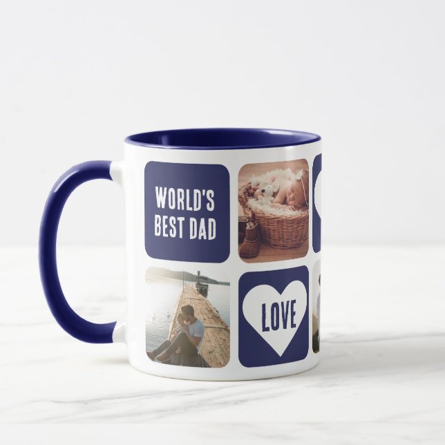 Blue Brush Script Photo Collage World's Best Dad Mug (Left)