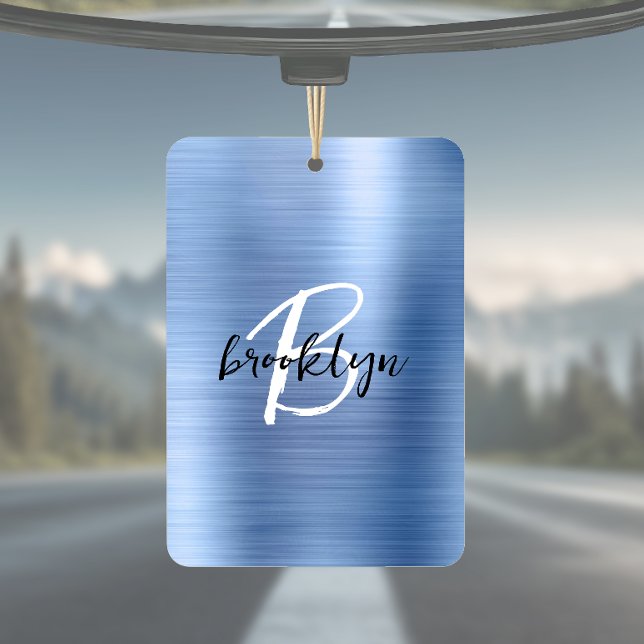 Blue Brushed Metal Black White Script Monogram  Car Air Freshener (Creator Uploaded)