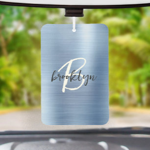 Blue Brushed Metal Black White Script Monogram  Car Air Freshener