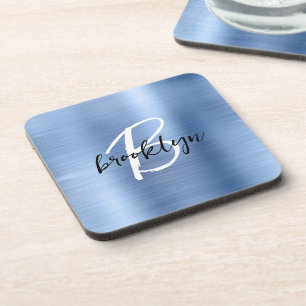 Blue Brushed Metal Black White Script Monogram Coaster
