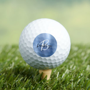 Blue Brushed Metal Black White Script Monogram  Golf Balls