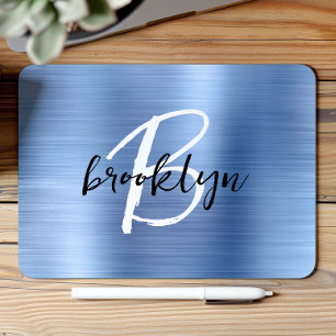 Blue Brushed Metal Black White Script Monogram Mouse Pad