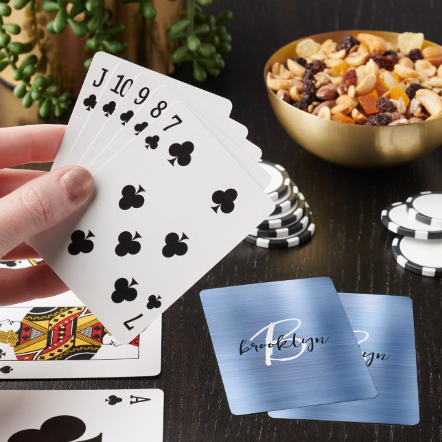Blue Brushed Metal Black White Script Monogram  Playing Cards (In Situ)