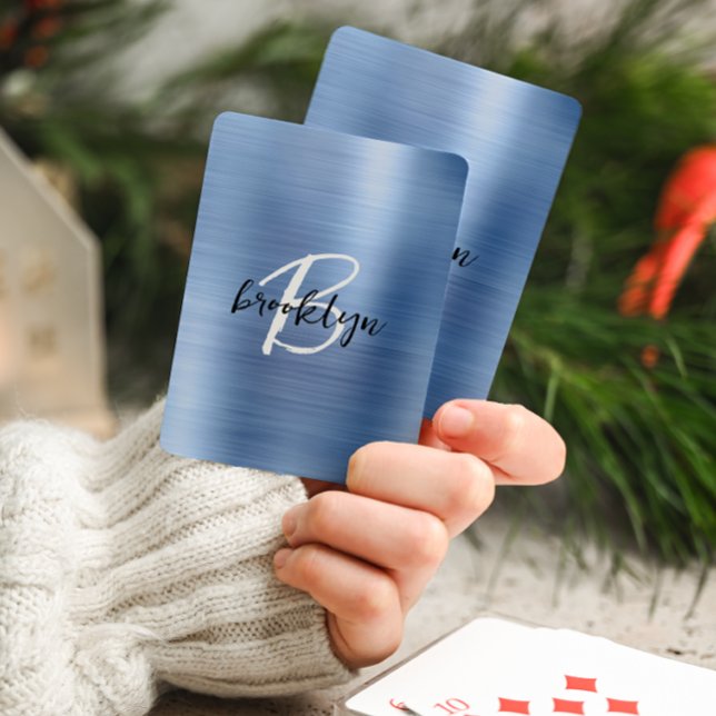 Blue Brushed Metal Black White Script Monogram  Playing Cards (Creator Uploaded)