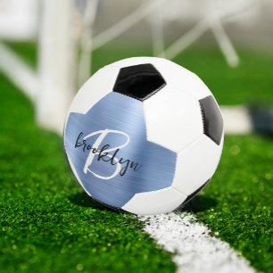 Blue Brushed Metal Black White Script Monogram Soccer Ball