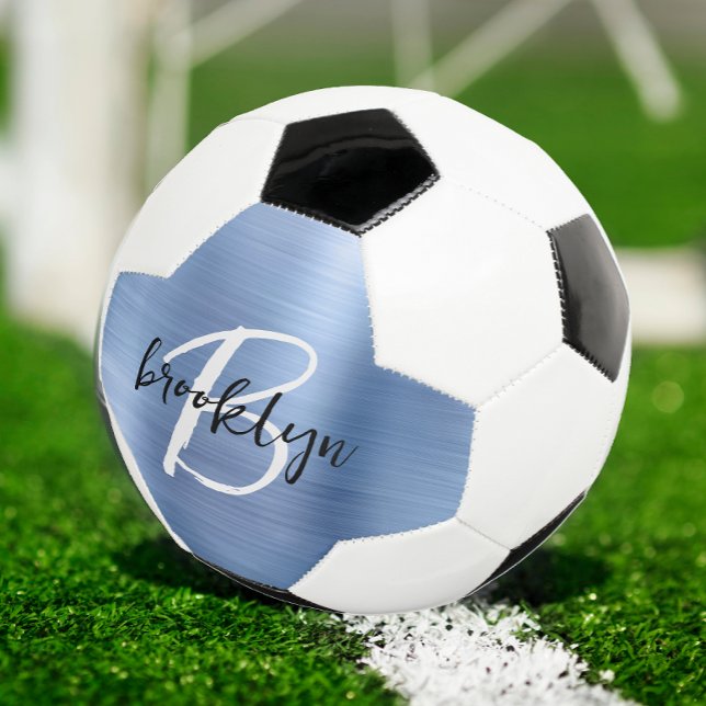 Blue Brushed Metal Black White Script Monogram  Soccer Ball (Creator Uploaded)