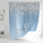 Blue Brushed Metal Silver Glitter Monogram Name<br><div class="desc">Easily personalise this trendy chic shower curtain design featuring pretty silver sparkling glitter on a blue brushed metallic background.</div>