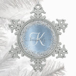 Blue Brushed Metal Silver Glitter Monogram Name<br><div class="desc">Easily personalise this trendy chic snowflake framed Christmas ornament design featuring pretty silver sparkling faux glitter on a blue brushed metallic background.</div>