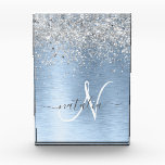 Blue Brushed Metal Silver Glitter Monogram Name Acrylic Award<br><div class="desc">Easily personalise this trendy chic acrylic award design featuring pretty silver sparkling glitter on a blue brushed metallic background.</div>