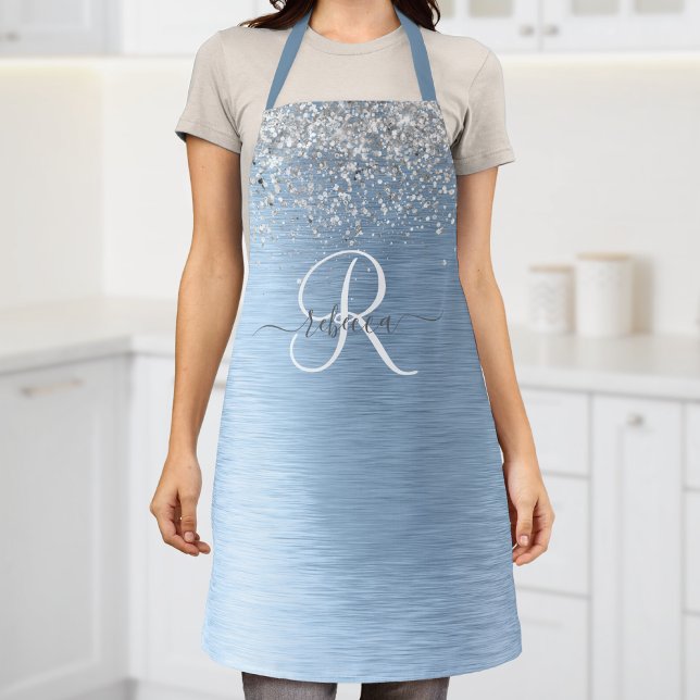 Blue Brushed Metal Silver Glitter Monogram Name Apron (Creator Uploaded)