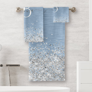 Blue Brushed Metal Silver Glitter Monogram Name Bath Towel Set