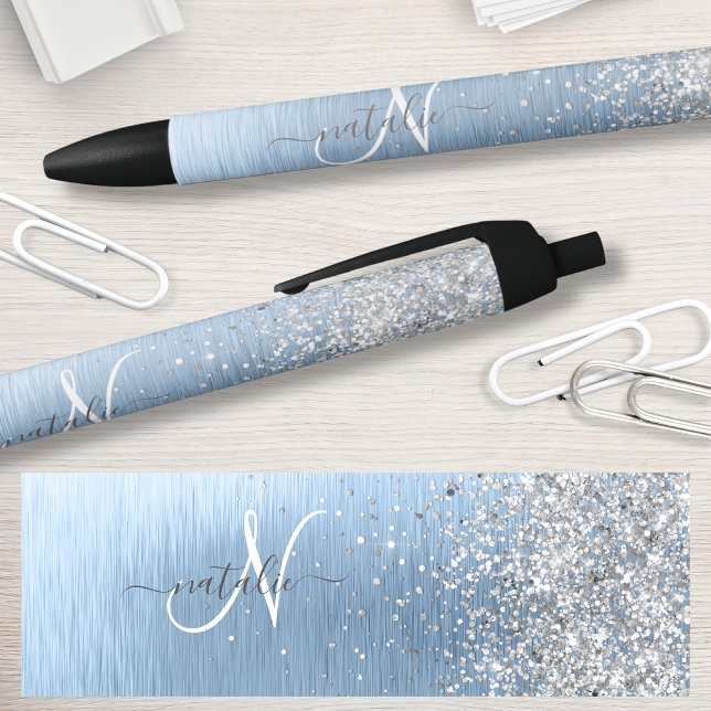 Blue Brushed Metal Silver Glitter Monogram Name Black Ink Pen (Creator Uploaded)