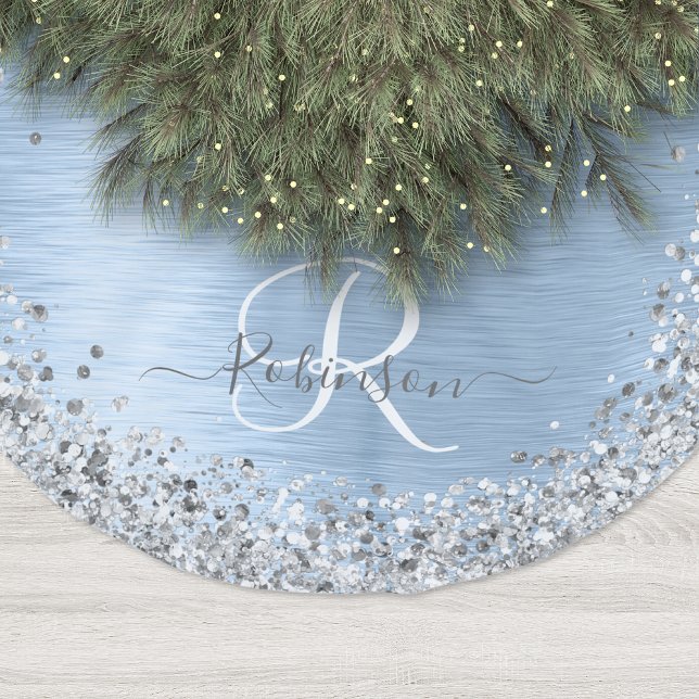 Blue Brushed Metal Silver Glitter Monogram Name Brushed Polyester Tree Skirt (Creator Uploaded)