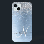 Blue Brushed Metal Silver Glitter Monogram Name iPhone 15 Mini Case<br><div class="desc">Easily personalise this trendy chic phone case design featuring pretty silver sparkling glitter on a blue brushed metallic background.</div>