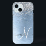 Blue Brushed Metal Silver Glitter Monogram Name iPhone 15 Case<br><div class="desc">Easily personalise this trendy chic phone case design featuring pretty silver sparkling glitter on a blue brushed metallic background.</div>