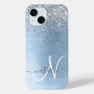 Blue Brushed Metal Silver Glitter Monogram Name iPhone 15 Case