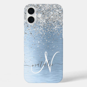 Blue Brushed Metal Silver Glitter Monogram Name iPhone 16 Plus Case