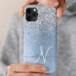 Blue Brushed Metal Silver Glitter Monogram Name iPhone 15 Pro Case<br><div class="desc">Easily personalize this trendy chic phone case design featuring pretty silver sparkling glitter on a blue brushed metallic background.</div>