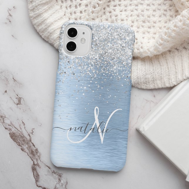 Blue Brushed Metal Silver Glitter Monogram Name Case-Mate iPhone Case (Creator Uploaded)