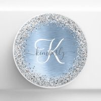 Blue Brushed Metal Silver Glitter Monogram Name