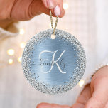 Blue Brushed Metal Silver Glitter Monogram Name Ceramic Tree Decoration<br><div class="desc">Easily personalize this trendy chic ornament design featuring pretty silver sparkling glitter on a blue brushed metallic background.</div>