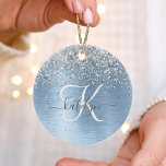 Blue Brushed Metal Silver Glitter Monogram Name Ceramic Tree Decoration<br><div class="desc">Easily personalise this trendy chic ornament design featuring pretty silver sparkling faux glitter on a blue brushed metallic background.</div>