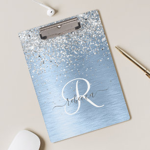Blue Brushed Metal Silver Glitter Monogram Name Clipboard