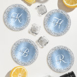 Blue Brushed Metal Silver Glitter Monogram Name Coaster Set<br><div class="desc">Easily personalise this trendy chic coaster set design featuring pretty silver sparkling glitter on a blue brushed metallic background.</div>