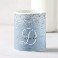 Blue Brushed Metal Silver Glitter Monogram Name