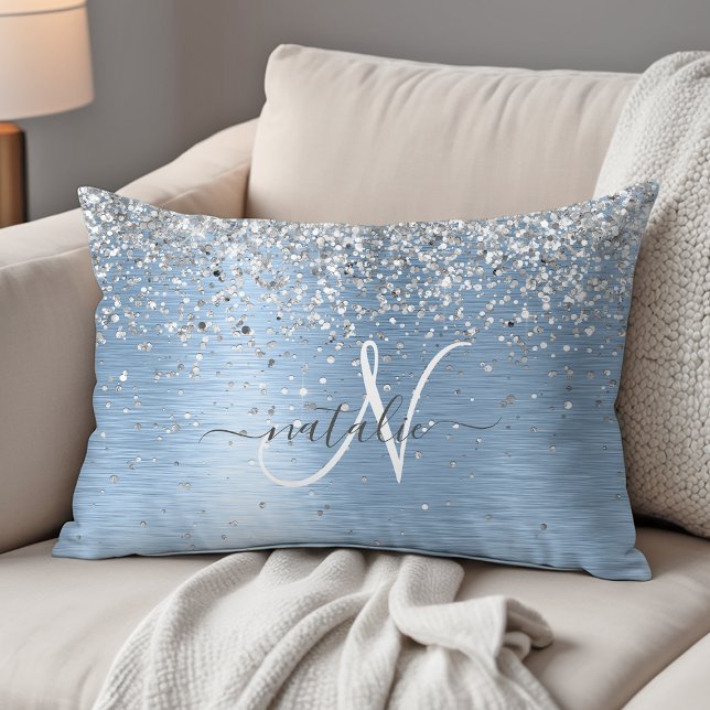 Blue Brushed Metal Silver Glitter Monogram Name Decorative Cushion (Creator Uploaded)