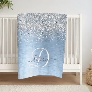 Blue Brushed Metal Silver Glitter Monogram Name Fleece Blanket