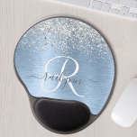 Blue Brushed Metal Silver Glitter Monogram Name Gel Mouse Pad<br><div class="desc">Easily personalise this trendy chic mouse pad design featuring pretty silver sparkling glitter on a blue brushed metallic background.</div>