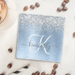 Blue Brushed Metal Silver Glitter Monogram Name Glass Coaster<br><div class="desc">Easily personalise this trendy chic glass coaster design featuring pretty silver sparkling glitter on a blue brushed metallic background.</div>