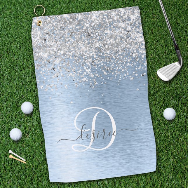  Blue Brushed Metal Silver Glitter Monogram Name Golf Towel (Creator Uploaded)