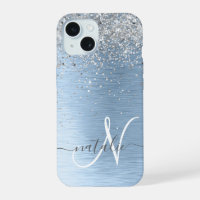 Blue Brushed Metal Silver Glitter Monogram Name