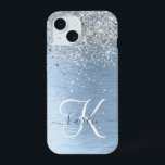 Blue Brushed Metal Silver Glitter Monogram Name iPhone 15 Case<br><div class="desc">Easily personalise this trendy chic phone case design featuring pretty silver sparkling glitter on a blue brushed metallic background.</div>