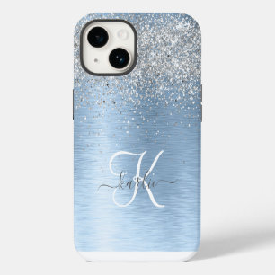 Blue Brushed Metal Silver Glitter Monogram Name iPhone 14 Case