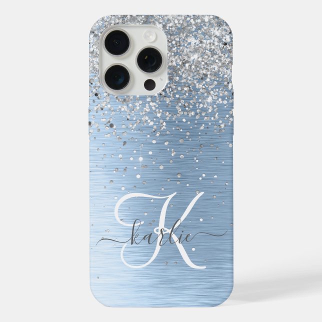 Blue Brushed Metal Silver Glitter Monogram Name iPhone Case (Back)