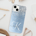 Blue Brushed Metal Silver Glitter Monogram Name iPhone 14 Case<br><div class="desc">Easily personalise this trendy chic phone case design featuring pretty silver sparkling glitter on a blue brushed metallic background.</div>