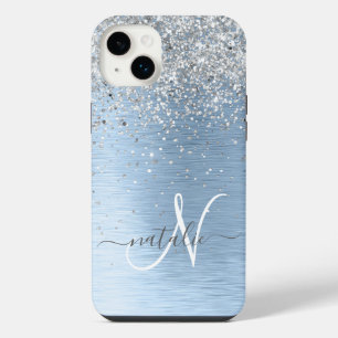 Blue Brushed Metal Silver Glitter Monogram Name iPhone 14 Plus Case