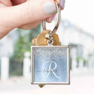 Blue Brushed Metal Silver Glitter Monogram Name Key Ring