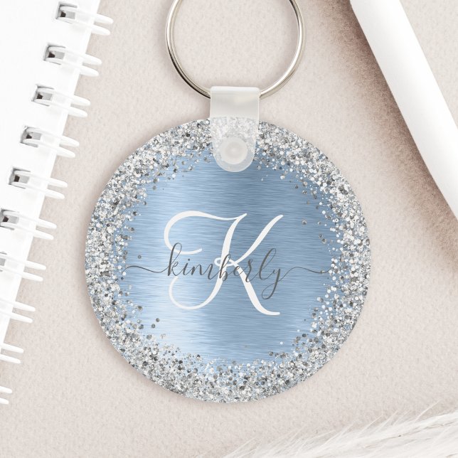 Blue Brushed Metal Silver Glitter Monogram Name Key Ring (This blue brushed metal glitter keychain is a chic and stylish way to personalize your keys)