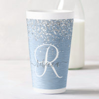 Blue Brushed Metal Silver Glitter Monogram Name