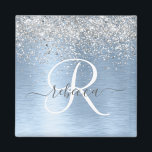 Blue Brushed Metal Silver Glitter Monogram Name Magnet<br><div class="desc">Easily personalize this trendy chic magnet design featuring pretty silver sparkling glitter on a blue brushed metallic background.</div>