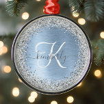 Blue Brushed Metal Silver Glitter Monogram Name Metal Tree Decoration<br><div class="desc">Easily personalise this trendy chic snowflake framed Christmas ornament design featuring pretty silver sparkling glitter on a blue brushed metallic background.</div>