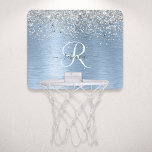 Blue Brushed Metal Silver Glitter Monogram Name Mini Basketball Hoop<br><div class="desc">Easily personalise this trendy chic basketball hoop design featuring pretty silver sparkling glitter on a blue brushed metallic background.</div>